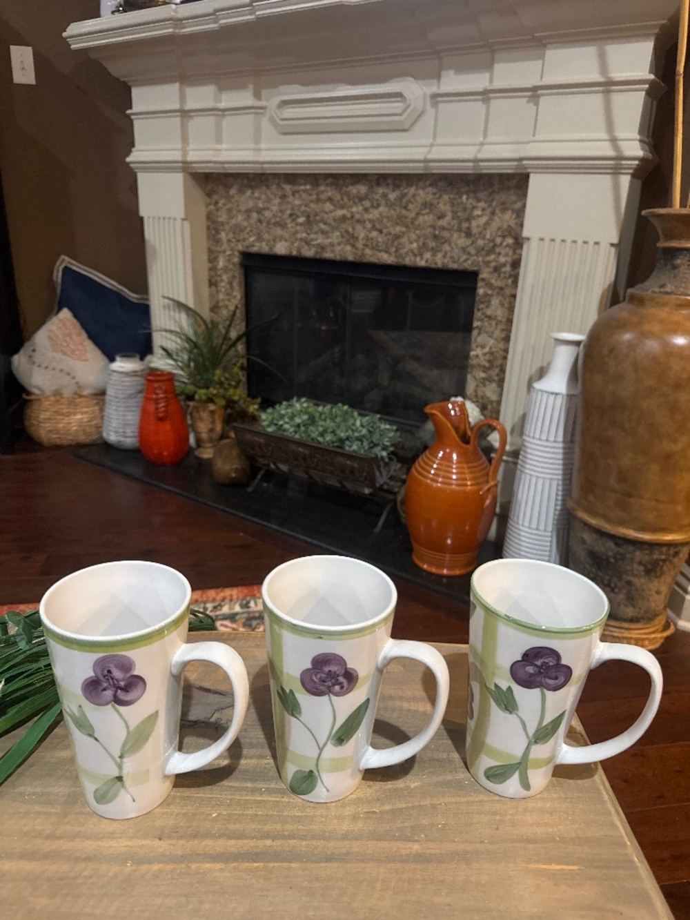 3 Coffee/Latte Mugs Cups Tall Style Multicolored/ Floral Emerald Collection 16oz